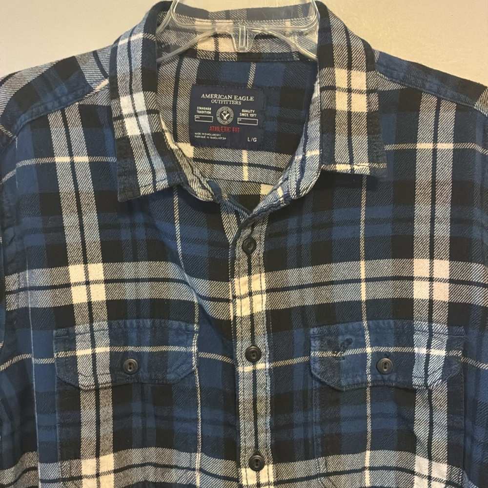 American Eagle Men’s Shirt Flannel Plaid Blue Athletic Fit Long Sleeve SZ L